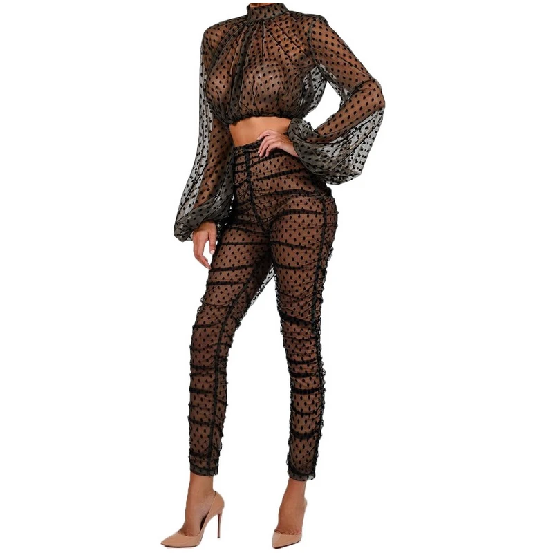 

2019 Spring Loose Mesh Two Piece Set Polka Dot Printed Crop Top And Pants Bodysuit Perspective Wrinkle Sexy Club Wear Outfits