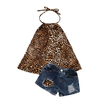 2Pcs Newborn Kids Baby Girls Leopard Print Tops Jeans Shorts Outfit Clothes 1-6Y 1