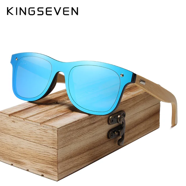 KINGSEVEN Bamboo Polarized Sunglasses Men Wooden UV400 Sun glasses Women Brand Original Wood Glasses Oculos de sol masculino Blue bamboo