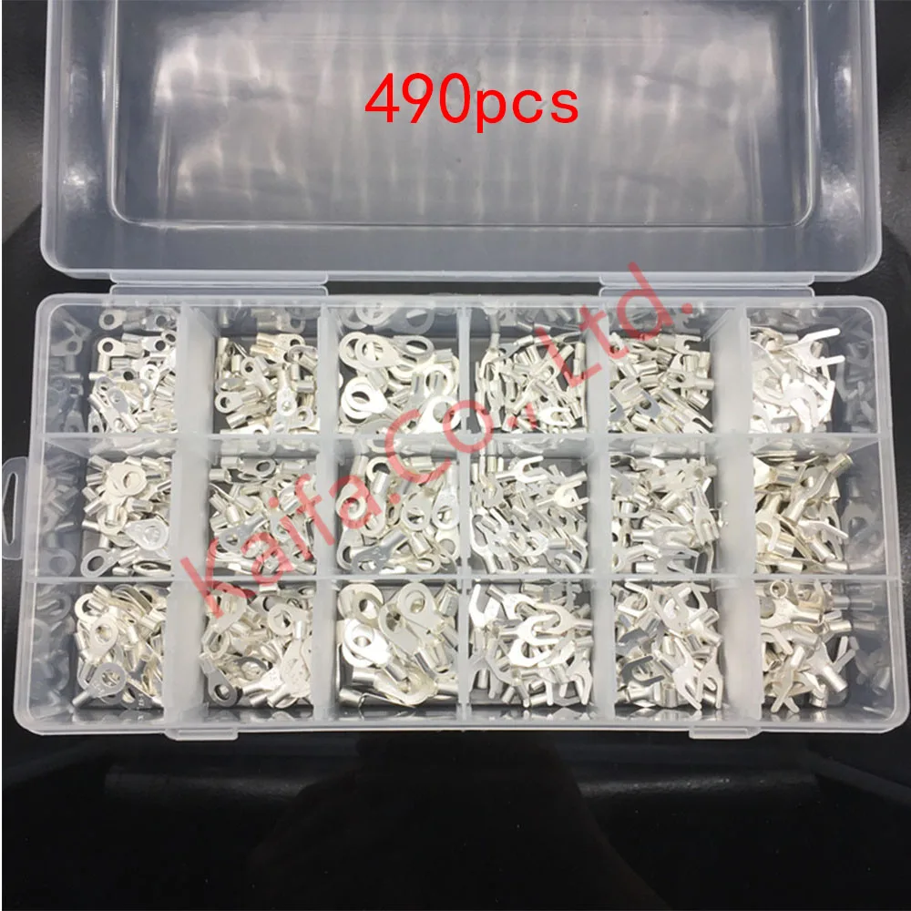 

490Pcs/ lots 18 type Cold naked terminal Non-Insulated Ring Fork O/Y/U-type Terminals Assortment Kit Cable Crimp Spade Connector