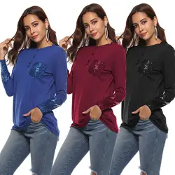 Chic 2018 осень тонкий основной повседневные Длинные рукава Женская футболка Мода Новый стиль блесток О-образным вырезом одноцветное женский
