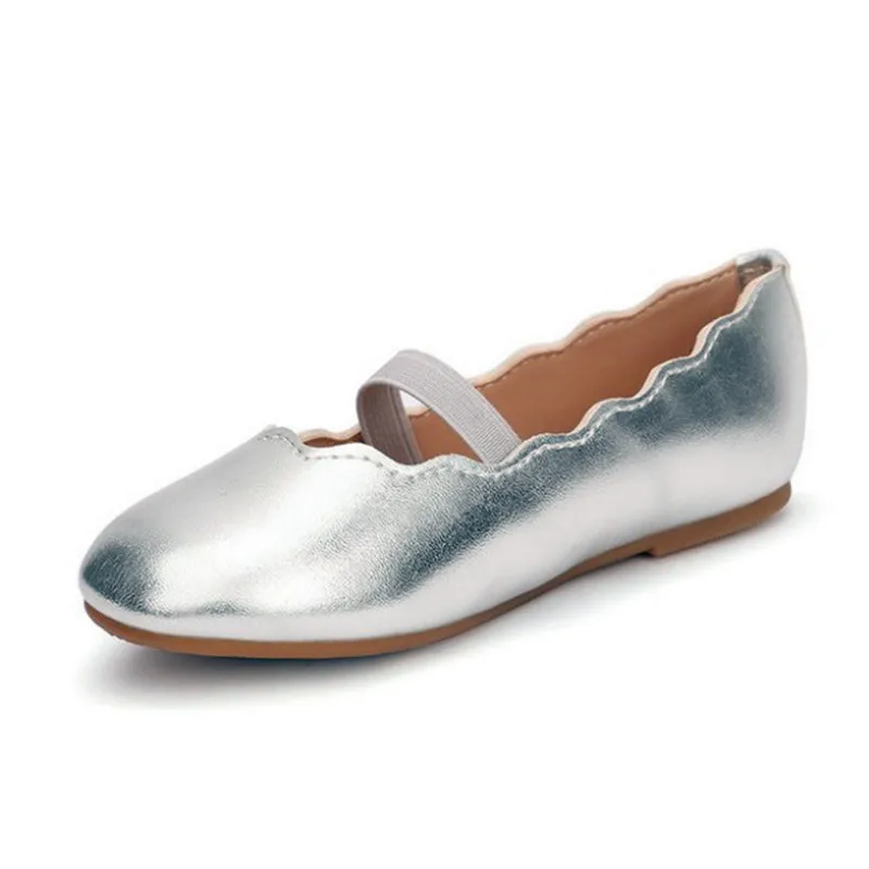 Fashion Baby Girls Leather Shoes Wavy Lace Golden Silver Kids Ballet Flat Shoes for Wedding Party Princess Dress Shoes for Girls