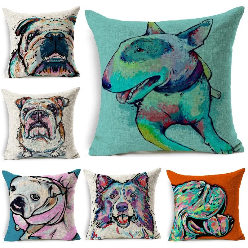 Bull Terrier Pugs Painting Cushion Cover Dog Cotton Linen Throw Pillows Car Sofa Cover Decorative Pillowcase Decorativos