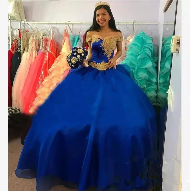 Cinderella Royal Blue Pageant Quinceanera Dresses Gold Appliques