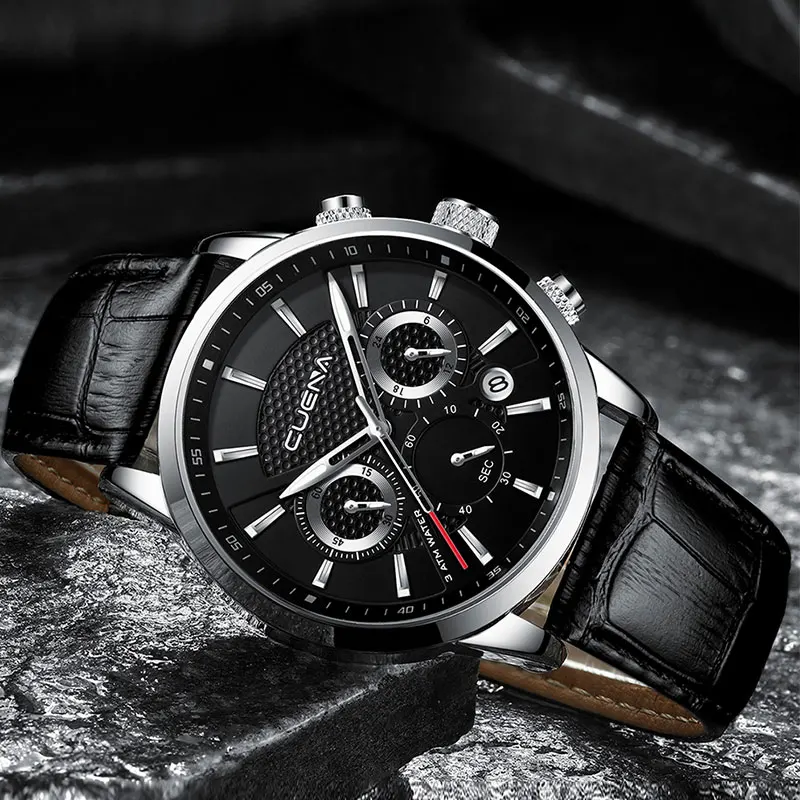CUENA Men's Watches Stopwatch Date Luminous Hands Genuine Leather 30M Waterproof Clock Man Quartz Watches Men Fashion Watch 2018