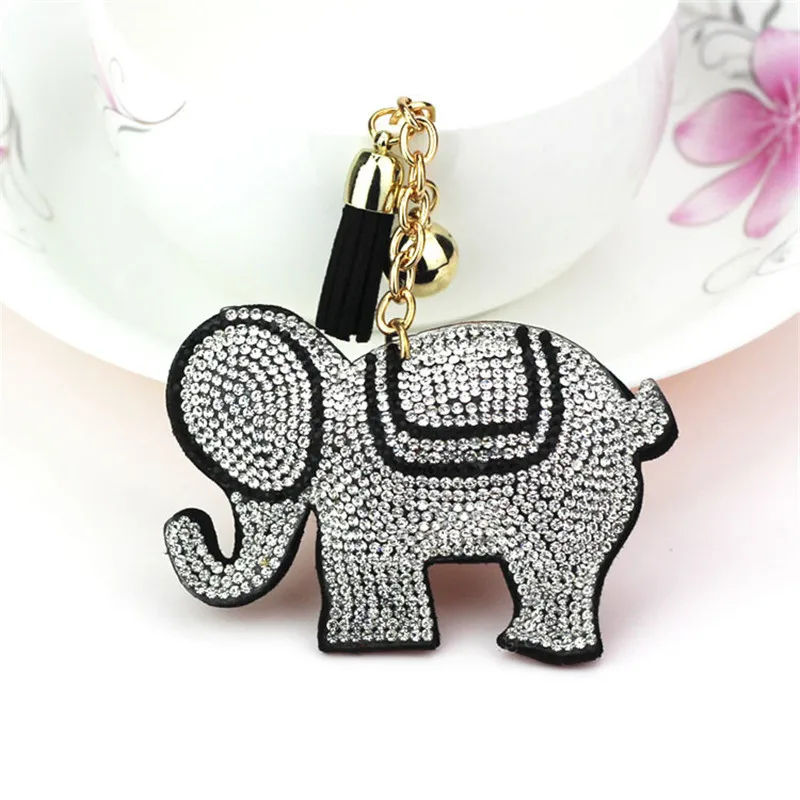 

Fashion Elephant Keychain Female Cute Key Chains Key Covers The Rhinestone Mosaic Leather Fringed Key Cap Gift Mix Colors 6C2308