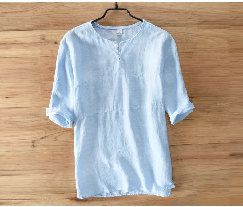 Повседневные рубашки с воротником «Мандарин», мужские хлопковые льняные дизайнерские брендовые облегающие мужские рубашки, белые рубашки с коротким рукавом, мужская летняя одежда - Цвет: Небесно-голубой