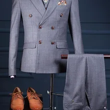 Осенние серые полосатые смокинги для жениха, двубортные, 3 предмета, облегающие мужские свадебные вечерние костюмы, Лучший мужской костюм Terno