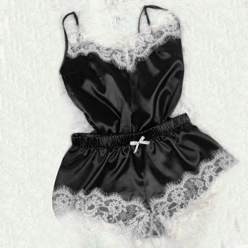 

Women's Sleepwear Sexy Satin Pajama Set Black Lace V-Neck Pyjamas Sleeveless Cute Cami Top and Short pijama mujer S-XL Size