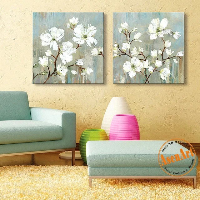 2 Pcs Hand Painted White Flower Oil Painting on Canvas Modern Wall Art