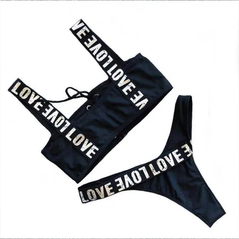 

Women's Sexy Bikini High Belt Chest Pad Letter Print Off-Shoulder Swimwear Female Bandage Beach Swim Fashion Sexy Bikini Set
