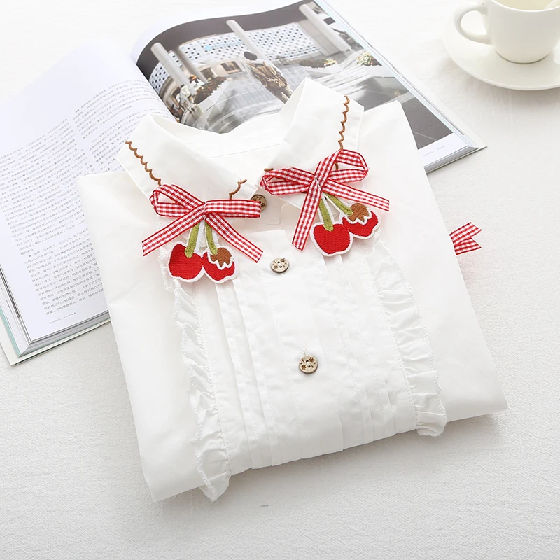 

Neckline Cherry ruffled patchwork white short sleeve shirt blouse 2018 New