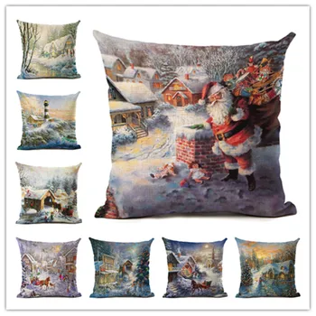 

Christmas Gift Cushion Cover White Snow Town Pattern Pillow Cover Chair Seat Square 45X45cm Decorative Cotton Linen Pillowcase