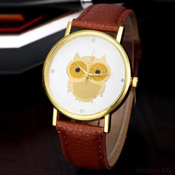 

Gofuly Fashion Women Girl Gold Owl Pattern WristWatch Leather Quartz Watch New