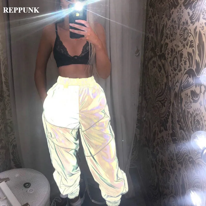 

REPPUNK 2019 Spring Streetwear Casual Pants New 3m Reflective Trousers Women's Trousers Fashion Quality Female Trousers