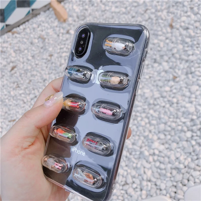 

JAMULAR 3D Cute Capsule Pills Person Phone Case For iPhone XS MAX XR 8 XS 6 6s X 7 Plus Transparent Soft TPU Back Cover Coque