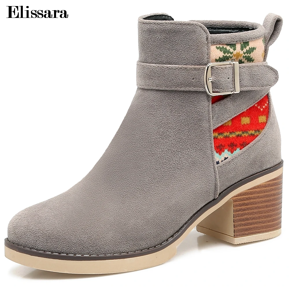 

Elissara Women Mid Heels Ankle Boots Women Casual National Wind Zip Buckle Boots Women Winter Shoes Size 34-43
