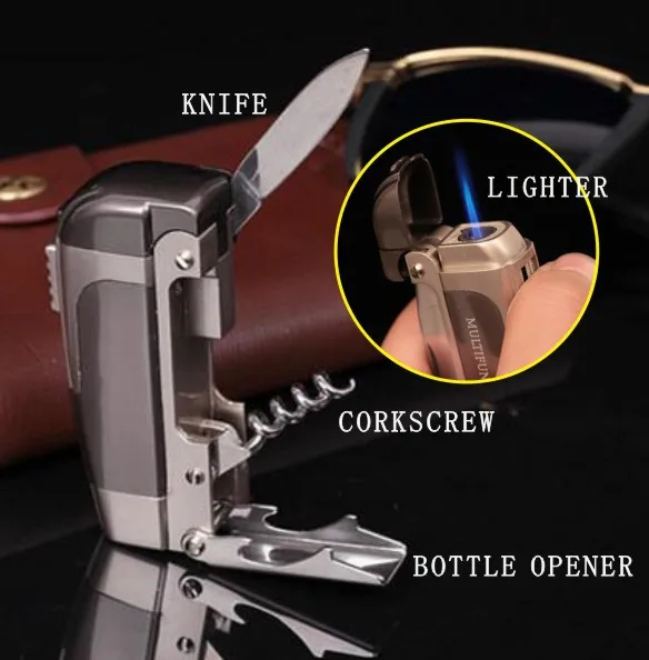 

Creative personality gas lighter, four in one multifunction inflatable lighter, bland, flare, bottle opener and knife.