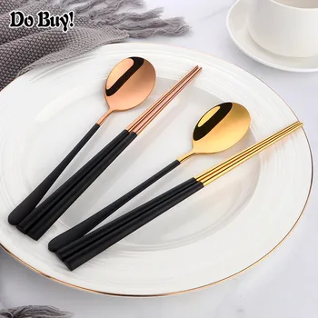 

2 Pcs/Set Korean Chopsticks Spoon Set Stainless Steel Reusable Gold Black Sushi Dessert Kitchen Dinnerware Wholesale