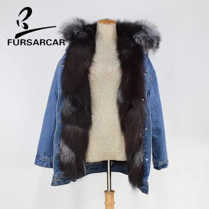 FURSARCAR Fashion New Real Fur Coat Women Winter Jean Coat With Silver Fox Fur Inside Hood Luxury Fox Fur Lining Female Jacket FURSARCAR Fashion New Real Fur Coat Women Winter Jean Coat With Silver Fox Fur Inside Hood Luxury Fox Fur Lining Female Jacket