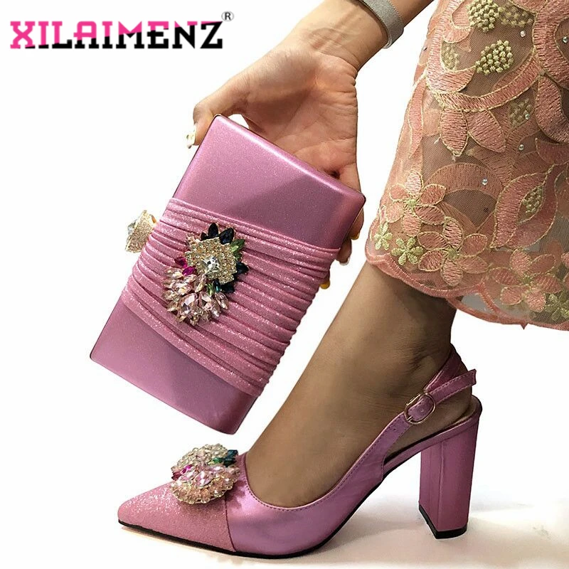 

Pink Nigerian Woman High Heels Sandals And Matching Bag Set For Party 2019 Hot Sale African Woman Shoes And Bag To Match Set