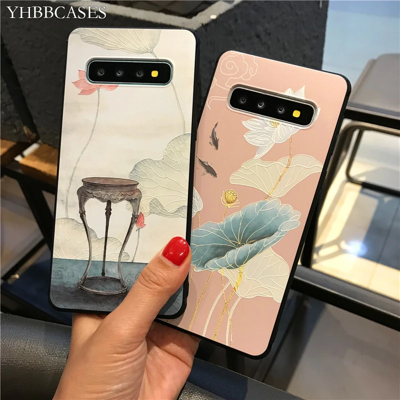

YHBBCASES Chinoiserie Relief TPU Soft Cases For Samsung Galaxy S8 S9 S10 Plus Retro Lotus Leaf Phone Cover For Samsung Note 8 9
