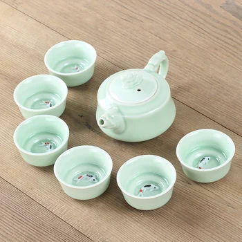 

Chinese Celadon Tea sets 6pcs teacup 1pcs teapot. China teaset wholesale The highest sales of tea set.3D Fish Kung Fu Tea set