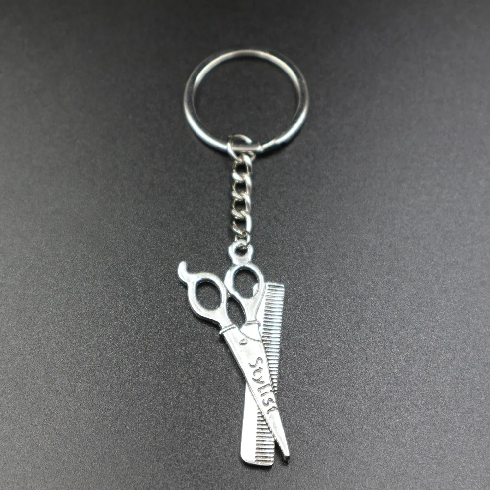 

new fashion men 30mm keychain DIY metal holder chain vintage barber scissor comb stylist 54*21mm silver pendant Gift