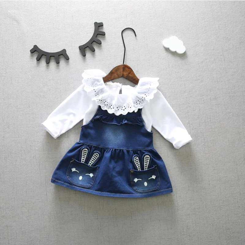 

SexeMara 2017 New Spring Summer Baby Girls Dress Set Children Cute Cartoon Denim Skirt + Shirt 2pcs Suit Kids Clothes Suit