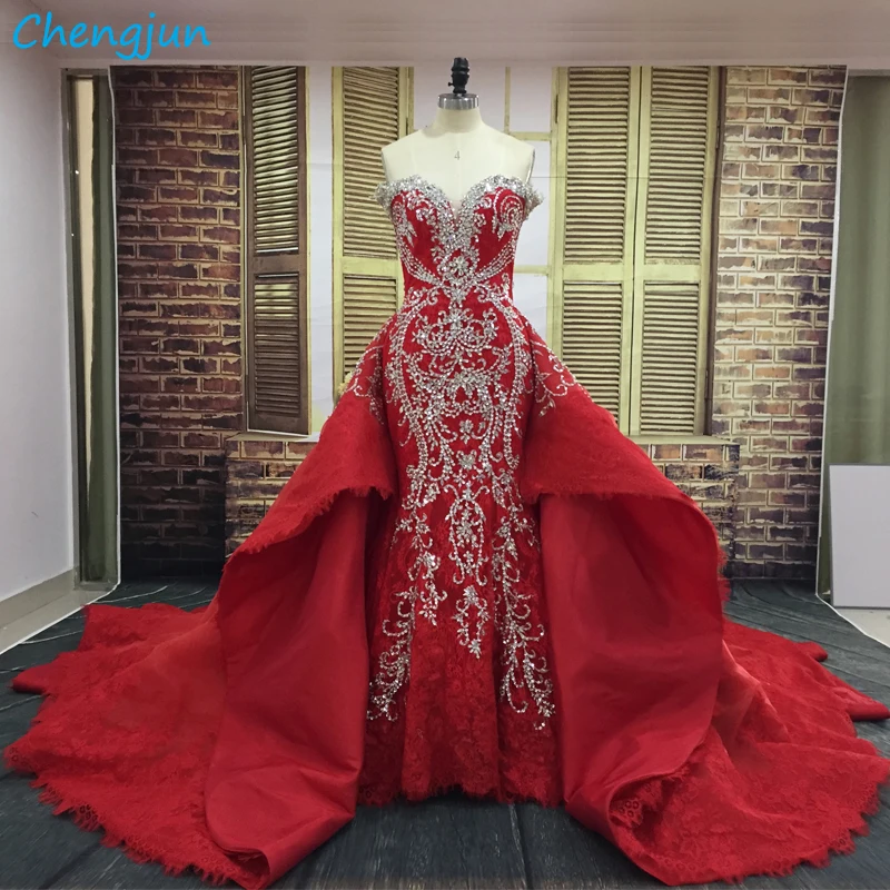 red wedding dress with train