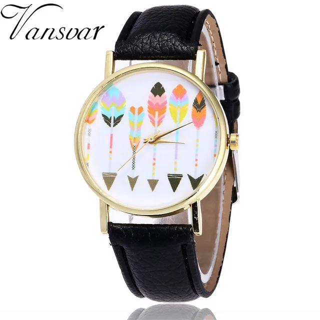 Vansvar Women Watches Feather Printed Quartz Watch Fashion PU Leather Strap Anal Vansvar Women Watches Feather Printed Quartz Watch Fashion PU Leather Strap Anal