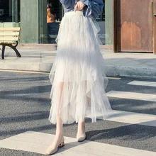 Белая, розовая, черная, высокая талия, каскадная плиссированная длинная юбка миди, женская летняя кружевная Сексуальная Лолита, каваи, бохо-пачка, Корея