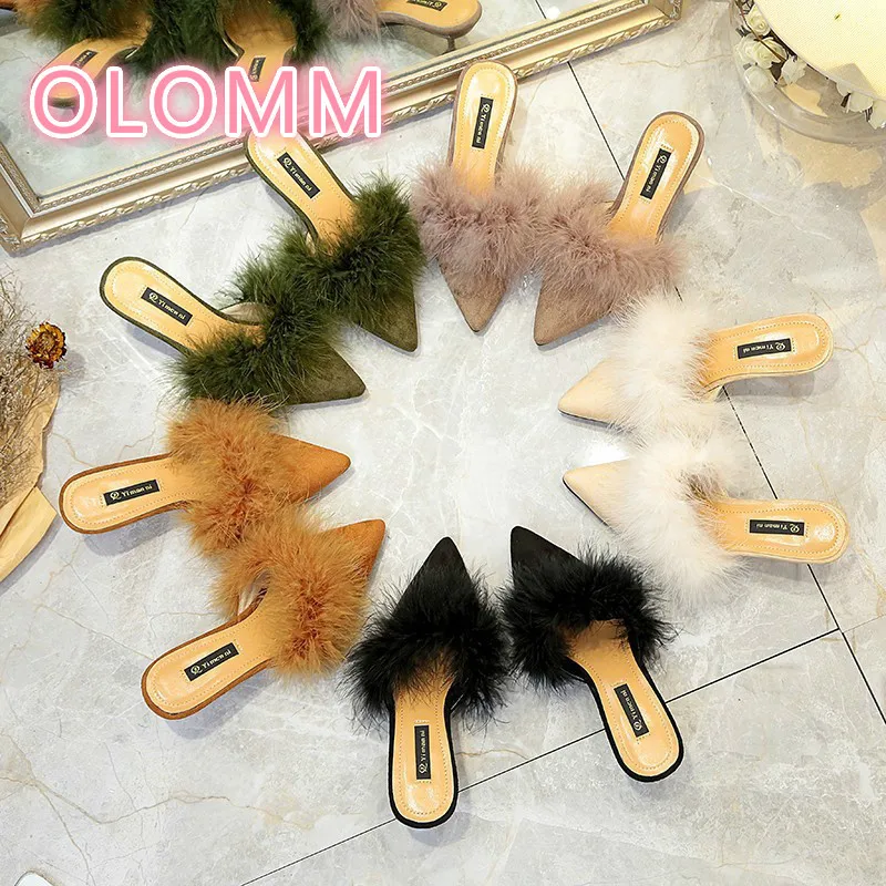 

Summer new European and American fashion women's slippers pointy slender heels and fur slippers