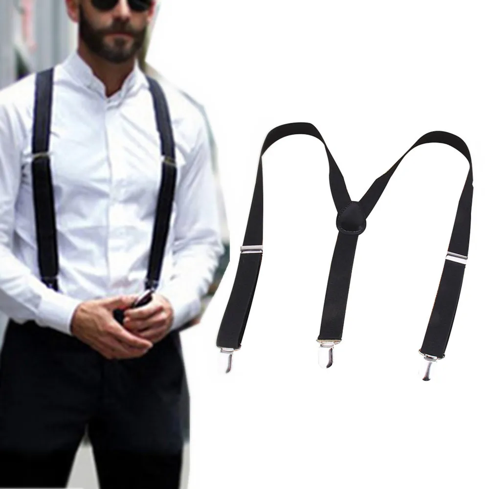Mens Braces Suspenders Black 23mm Y Back Heavy Duty Biker