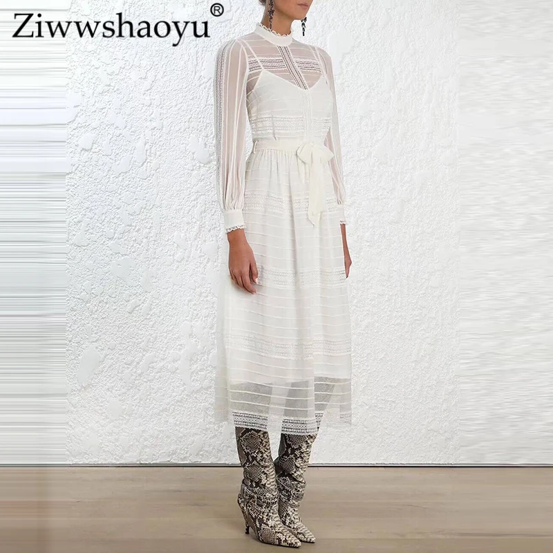 

Ziwwshaoyu Elegant Solid Silk dresses Lace Patchwork Striped Stand temperament dress 2019 spring and summer new women