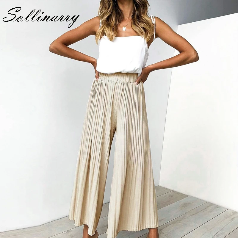 

Sollinarry Wide Loose Summer Pants Women 2019 Casual Stripe High Waist Stylish Boho Pants Stain Black Solid Long Pants Capris