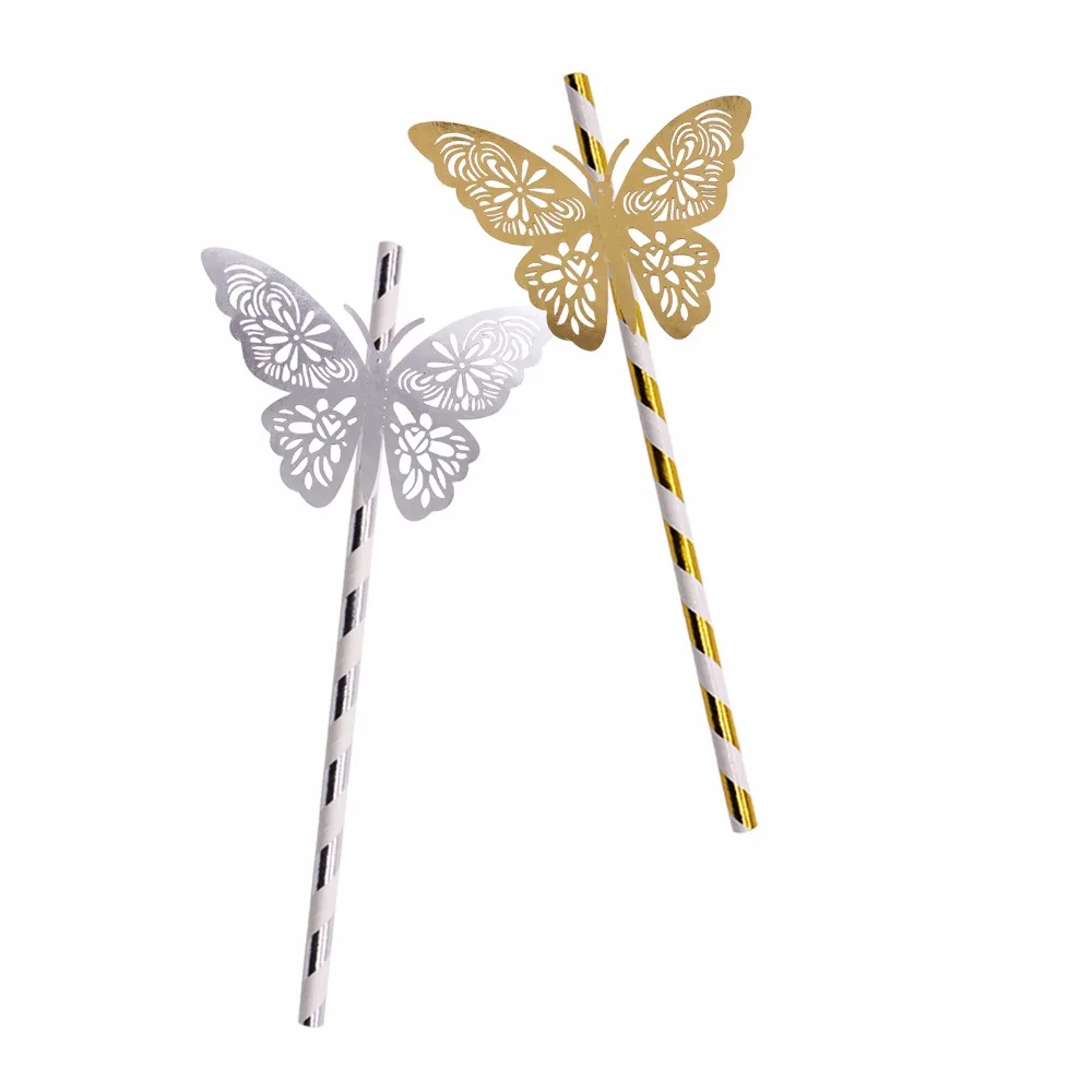 25pcs gold silver Striped Straw and 3D PVC butterfly for Romantic Wedding Party Decoration DIY birthday party bar Decoration