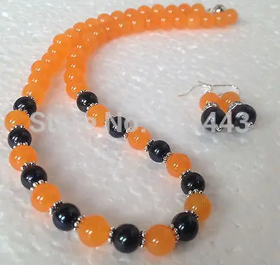 Wholesale 7-8MM Natural Black Akoya Cultured Pearl/Orange Jade necklace earrings set (A0423) | Украшения и аксессуары