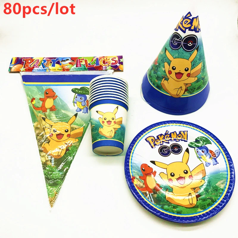 

80Pcs Pokemon Go Theme Kids Birthday Party Cartoon Pikachu Disposable Tableware Paper Plate+Cup+Flag+Cap Decoration Supplies