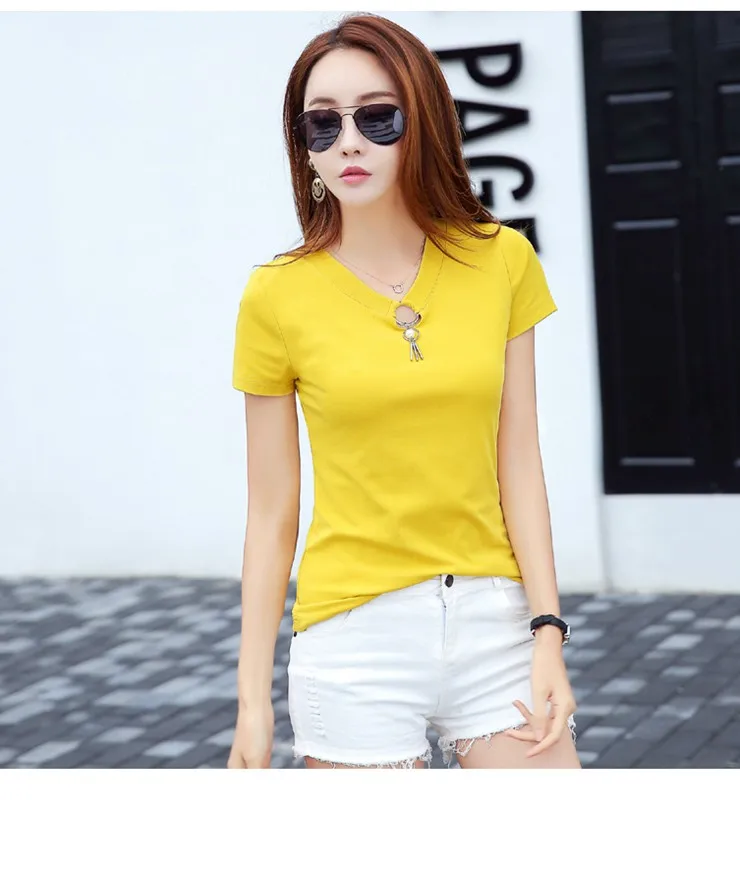Summer T-shirts For Women 2018 Korean Fashion Tops Tees Female Hole V-neck Tshirt Lady Casual Short Sleeve Poleras Mujer  (2)
