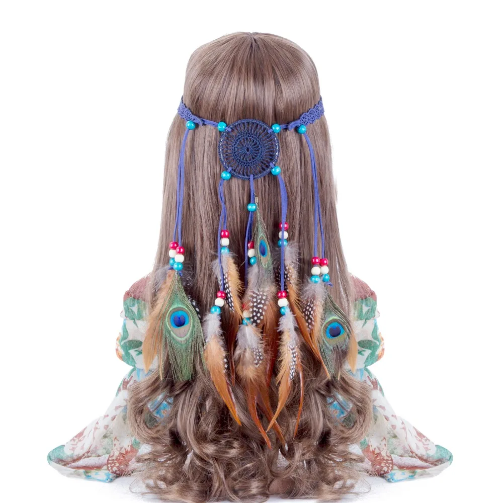 Haimeikang Bohemian Hippie Headband Dream Catcher Feather Headdress Fashion Peacock Feather Headbands Hair Accessories