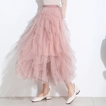 

Spring long lace skirt women solid color irregular high waist skirts