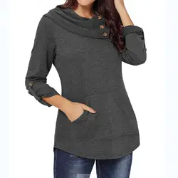 Осень зима женские толстовки серый твердые кнопка карман пуловеры для женщин Водолазка с длинным рукавом Тонкий повседневное