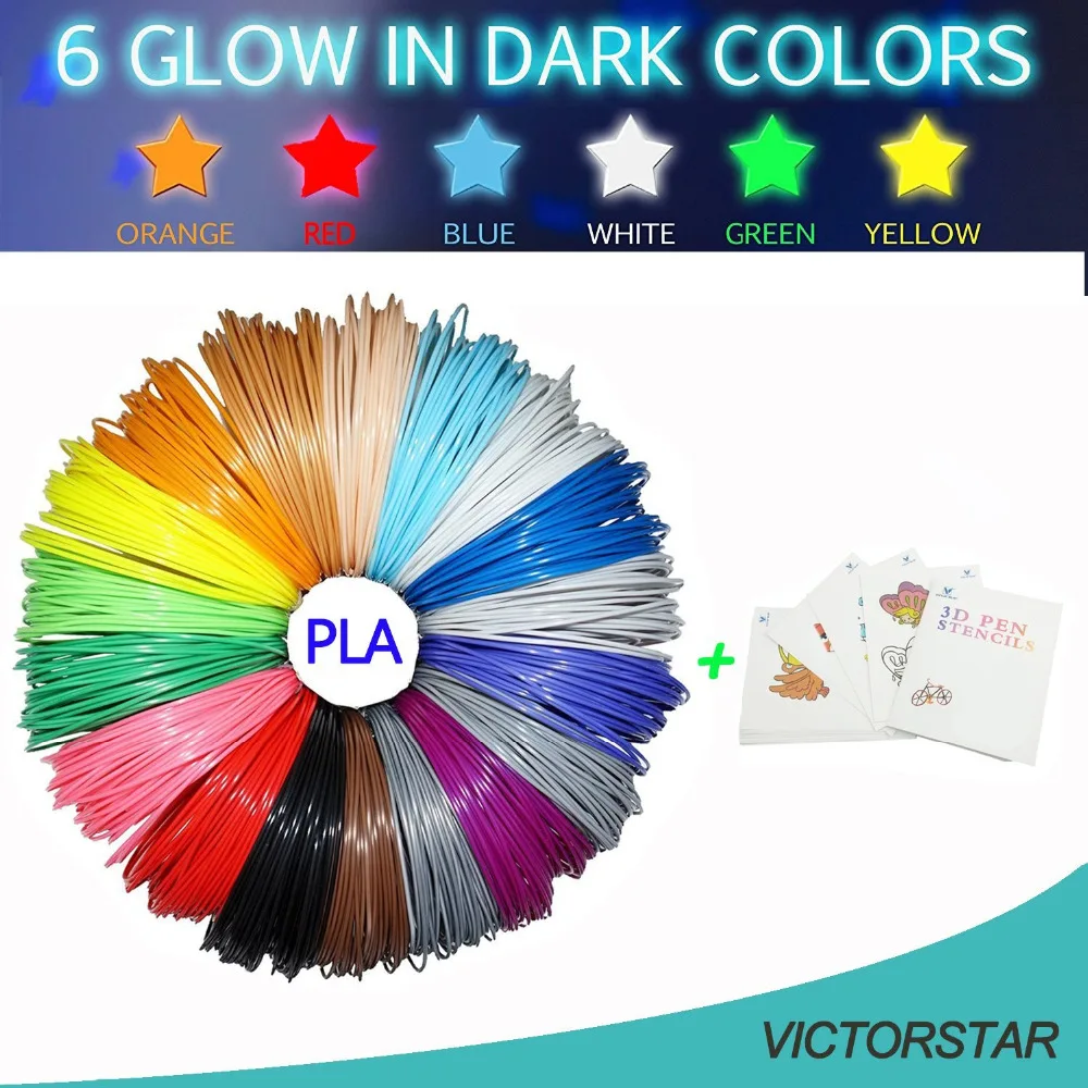 

3D Printing Pen Filament PLA 26 Colors,160 Meters, 6 Colors Glow in the Dark + 1 Random Stencil, 100% Original Material
