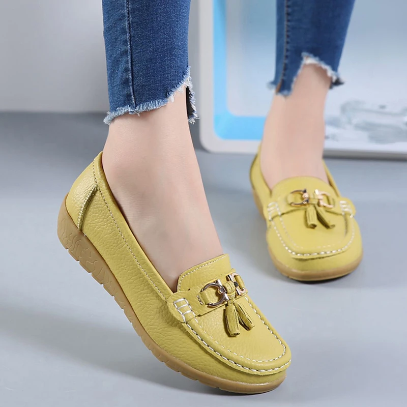 Fashion Shoes Women Genuine Leather Shoes Woman Fashion Casual Wedge Loafers Shoes Slip-on Round Toe Shoe For Women Mocasin