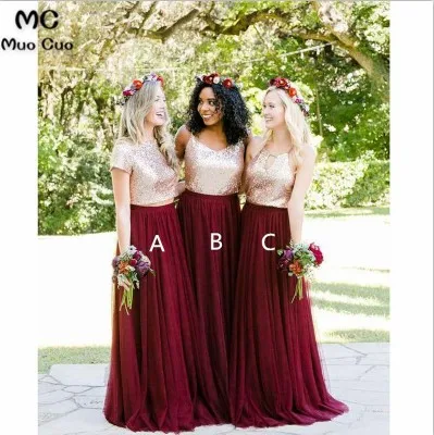 Бордовые Платья для подружки невесты длинный короткий рукав, деловое свадебное платье на заказ, расшитое блестками женское платье подружки невесты - Цвет: C