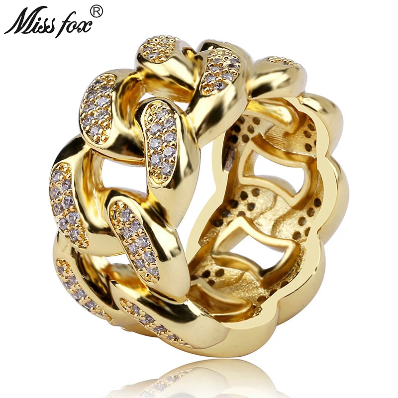 

MISSFOX Hip Hop Cuban Chain Lock Men Ring 18k Gold Mens Ring Full Cubic Zirconia Round Painting Prong Setting Valentine Sieraden