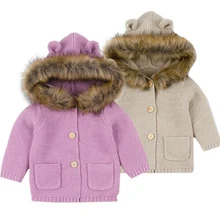 Зимние теплые для детей Детский свитер с меховым капюшоном съемный детский вязаный кардиган для мальчиков и девочек Осенняя верхняя одежда детский трикотаж 0-24 м