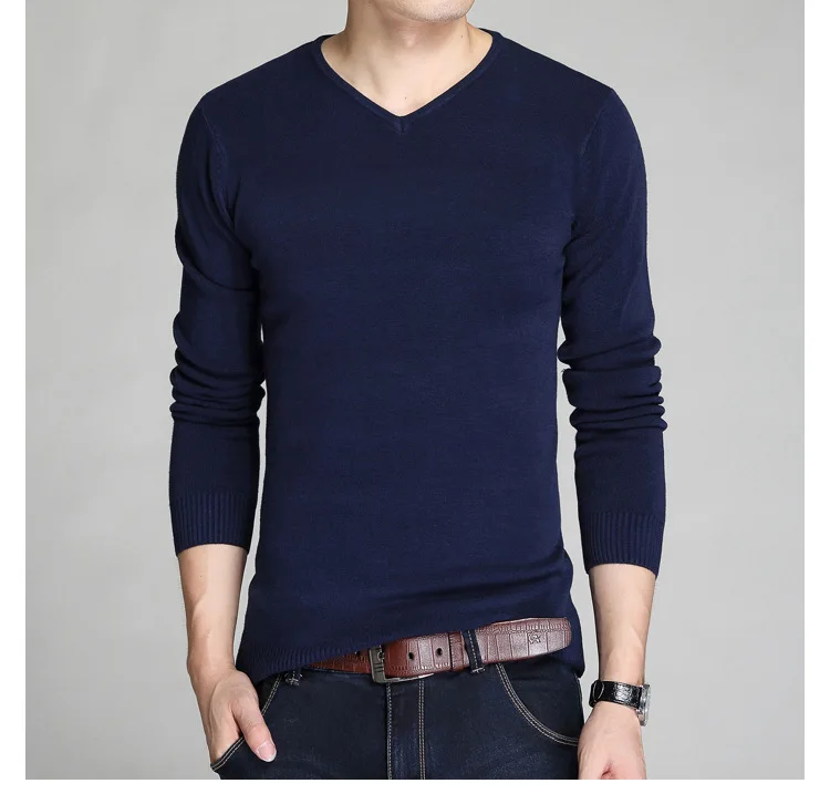 Litthing Cotton Sweater Men Long Sleeve Pullovers Slim Man V Neck Sweaters Top Loose Solid Color 2