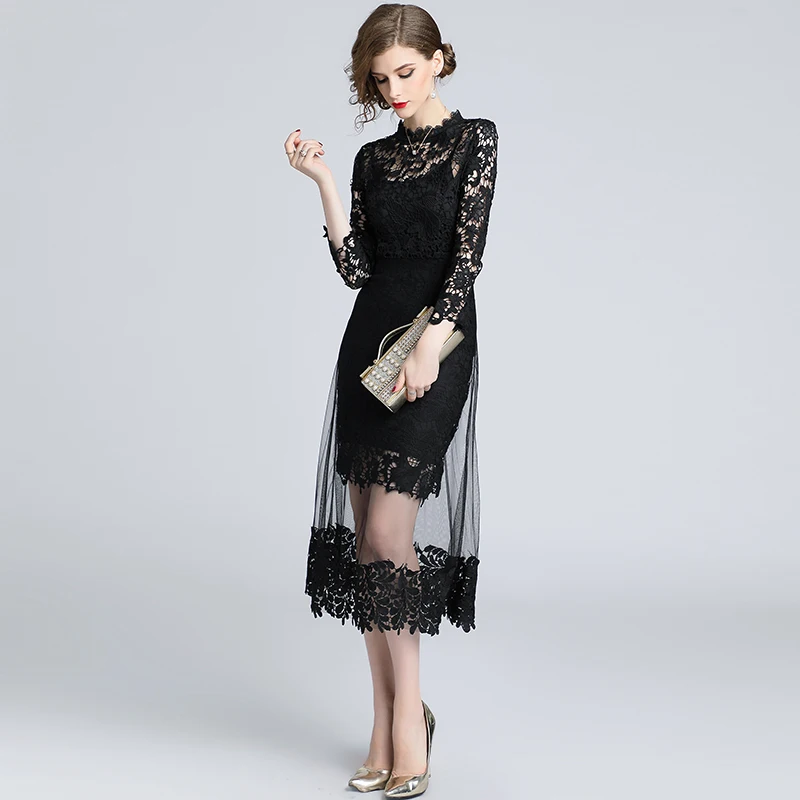 JSXDHK Осенняя черная сетка пэчворк кружевные вечерние платья Vestido Женские с